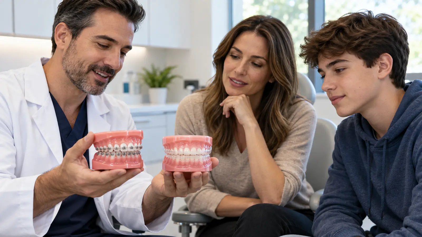 Dentist comparing a clear aligner and metal braces with an adult and teenager during an orthodontic consultation